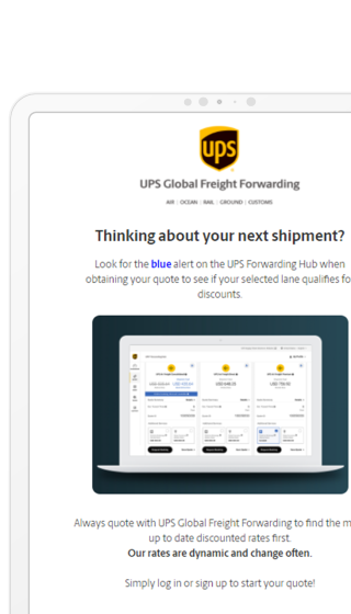 UPS Global Freight Forwarding promotional email on tablet